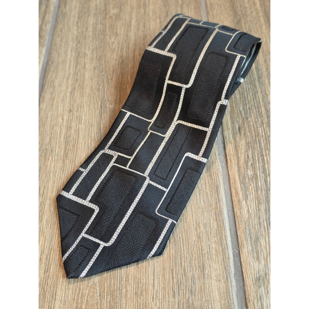 Carlo Palazzi Mens Italian Silk Tie Black Silver Geometric Block Pattern Woven